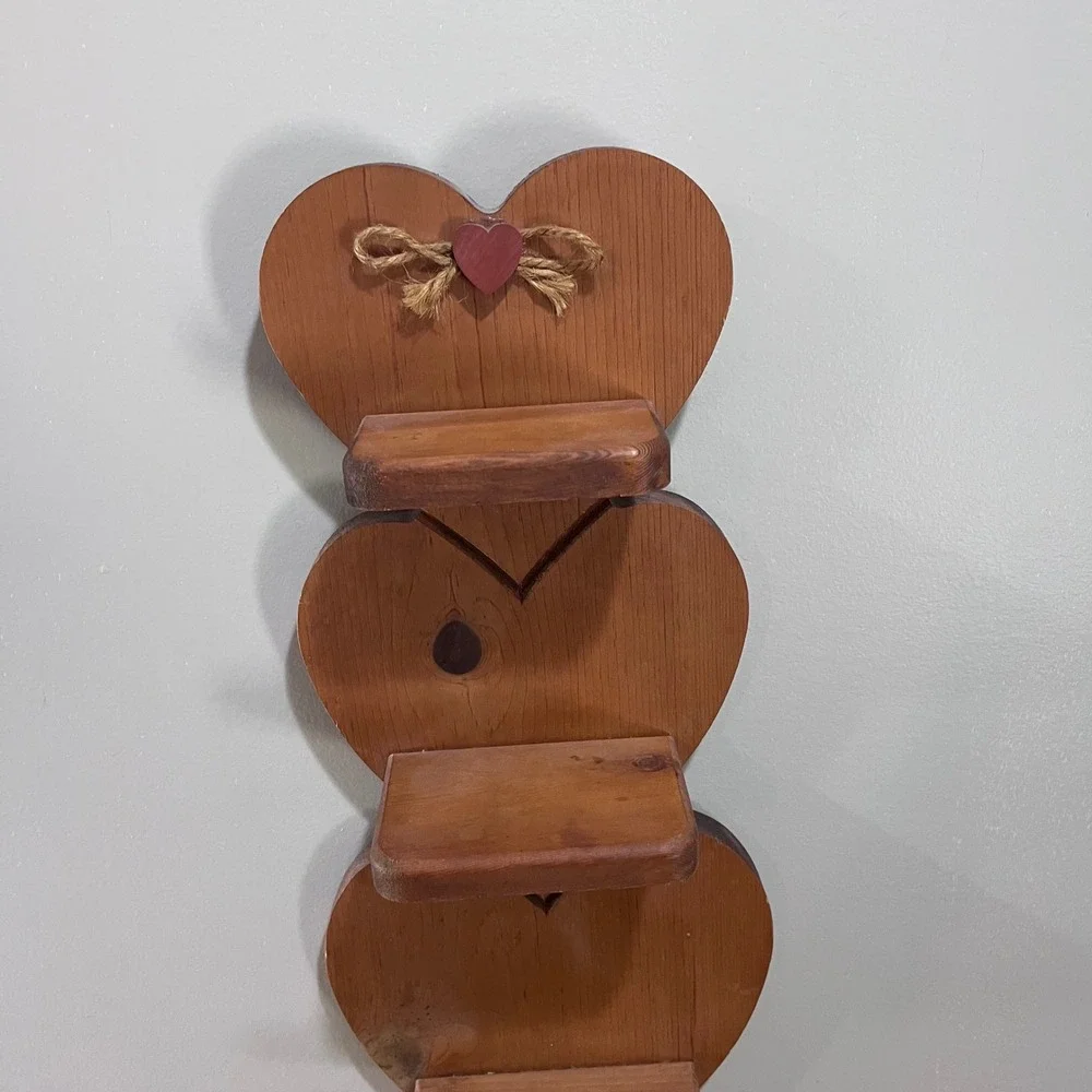 Vtg Rustic Triple Heart Wood Wall Shelf Country Folk Art Triple Tier Display 18